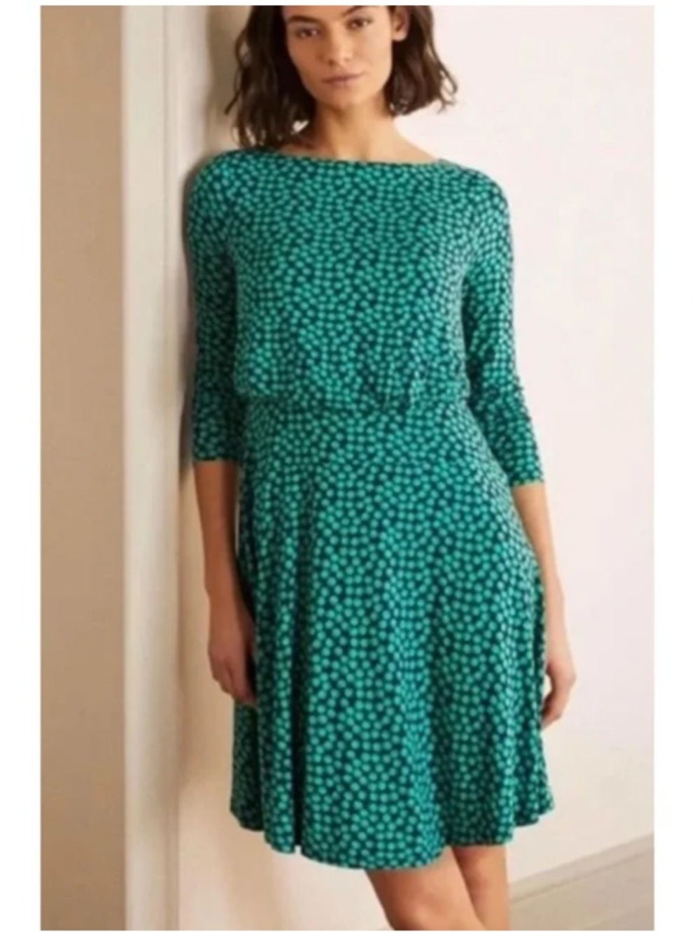 BODEN Nellie Navy Blue & Green Bubble Dots Soft & Stretchy Jersey-Knit Dress